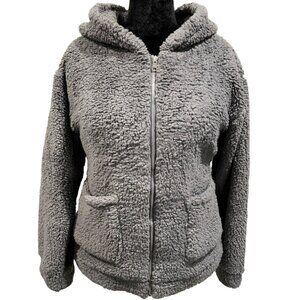 Sherpa Teddy Coat Zip Hoodie Jacket Gray Oversized Cozy Fleece Women’s L